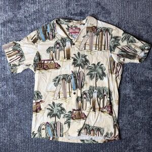 RJC Mens Hawaiian Shirt Made in USA Beach Surf Woodie Car Palm Trees Tan M Vtg